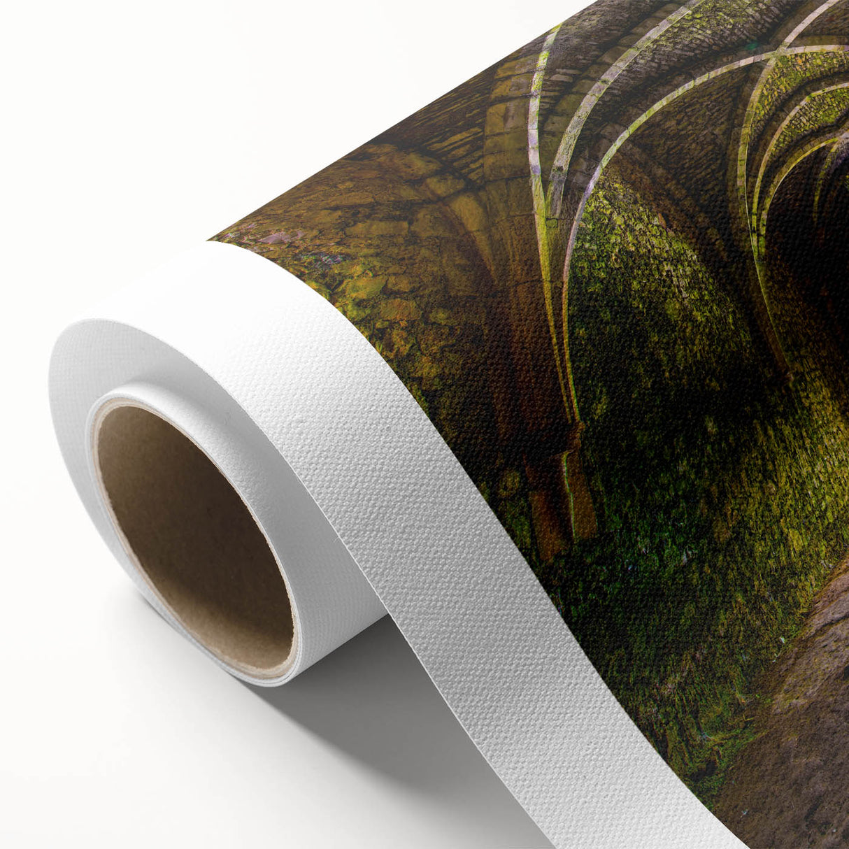 Art Deco style poster of symmetric arches in muted beige and cream, printed on rolled canvas.