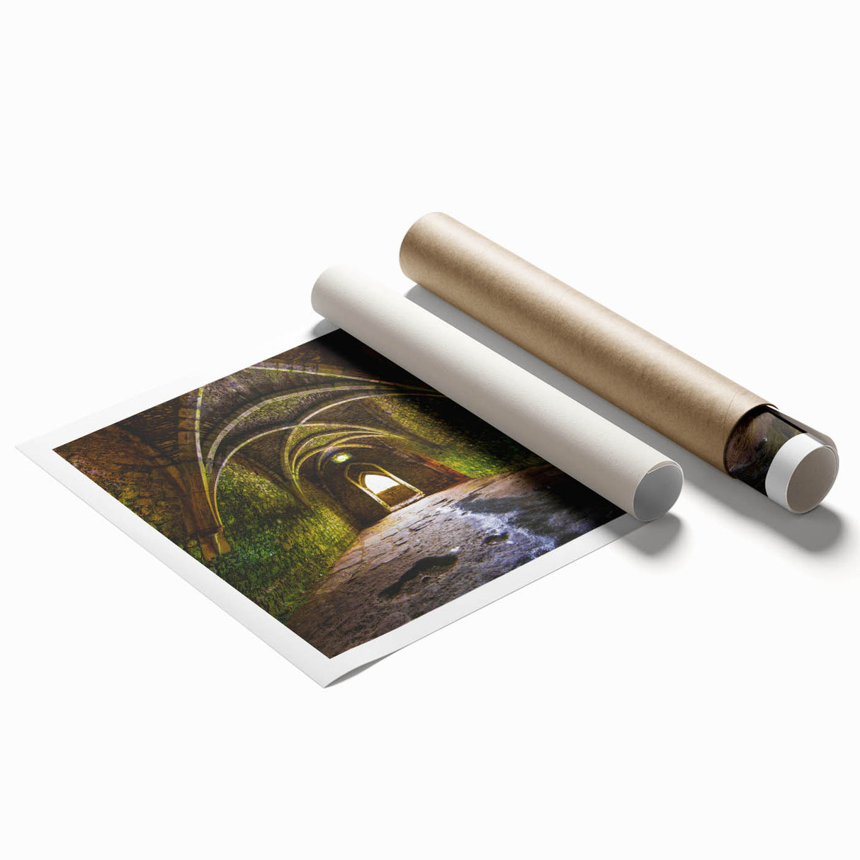 Extra large rolled print of a floral archway in muted earth tones, ideal for classy bathroom wall art.