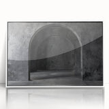 Mid-century modernist arch design in muted earth tones on a large framed acrylic print, suitable for modern art wall decor.