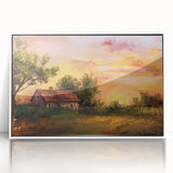 Mid-century modernist arch design in muted earth tones on a framed acrylic, ideal for modern art wall decor.
