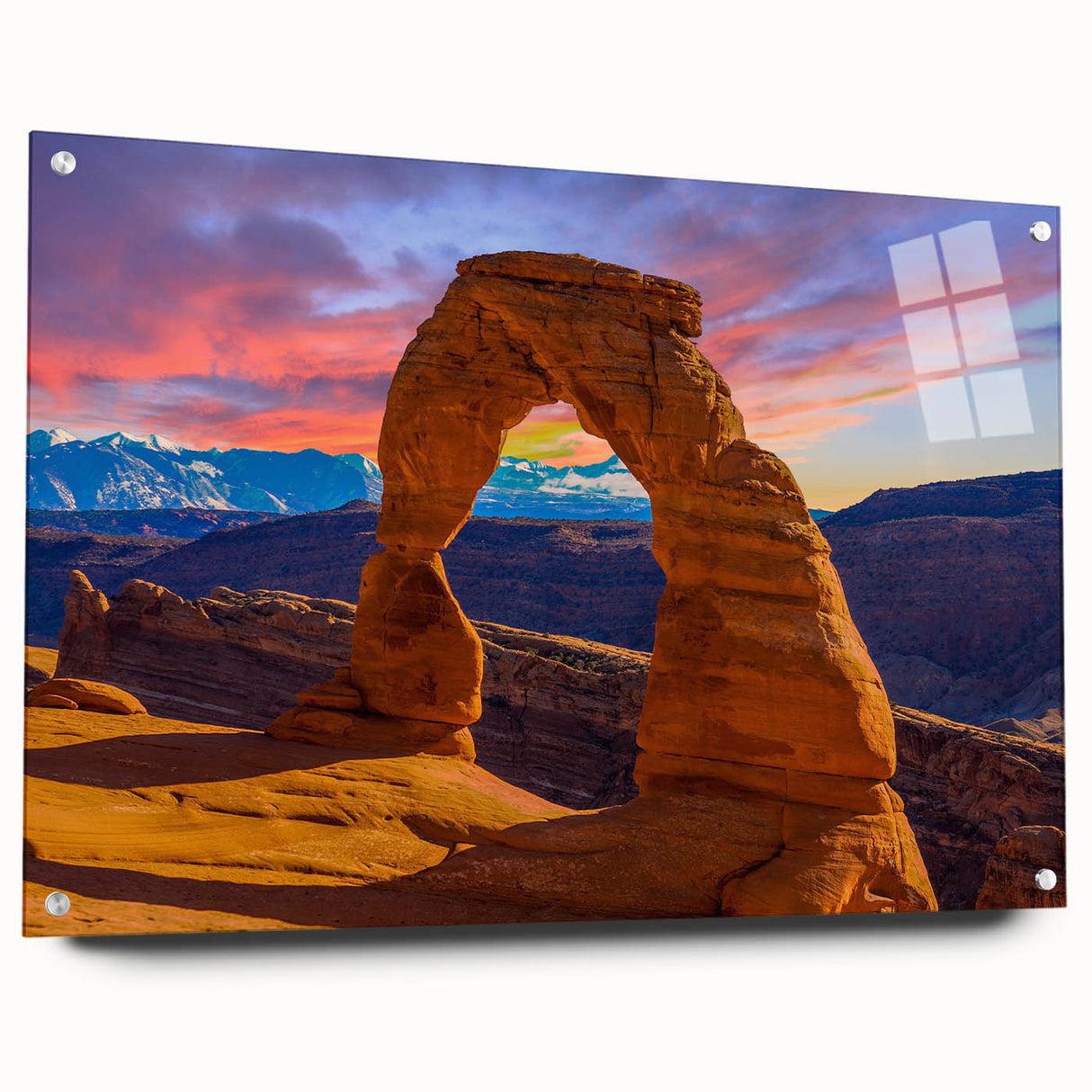 Large abstract wall art featuring geometric arches in muted earth tones on acrylic glass.