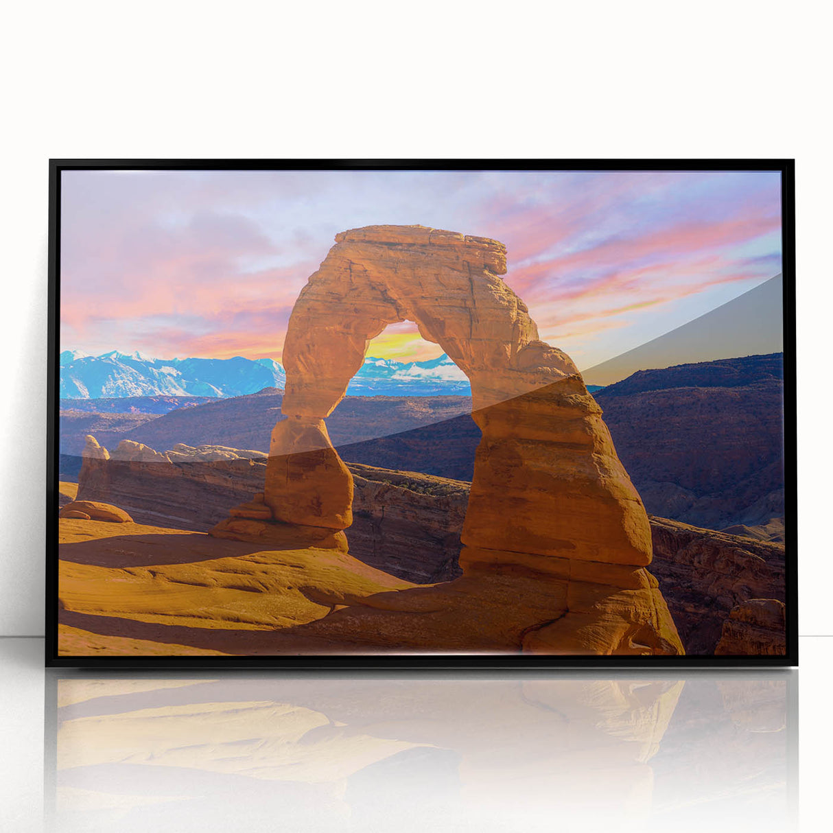 Large abstract wall art featuring a series of overlapping arches in muted earth tones, printed on framed acrylic.