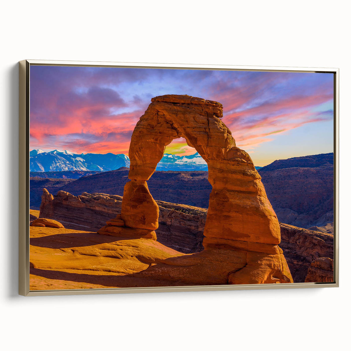 Vintage poster art featuring colorful arches on a black background, framed canvas, ideal for living room decor.