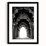 Extra large abstract art print featuring colorful, textured arches in muted earth tones on a black framed canvas.