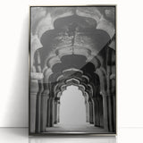 Art deco poster featuring symmetrical arch designs in muted silver tones on a framed acrylic.