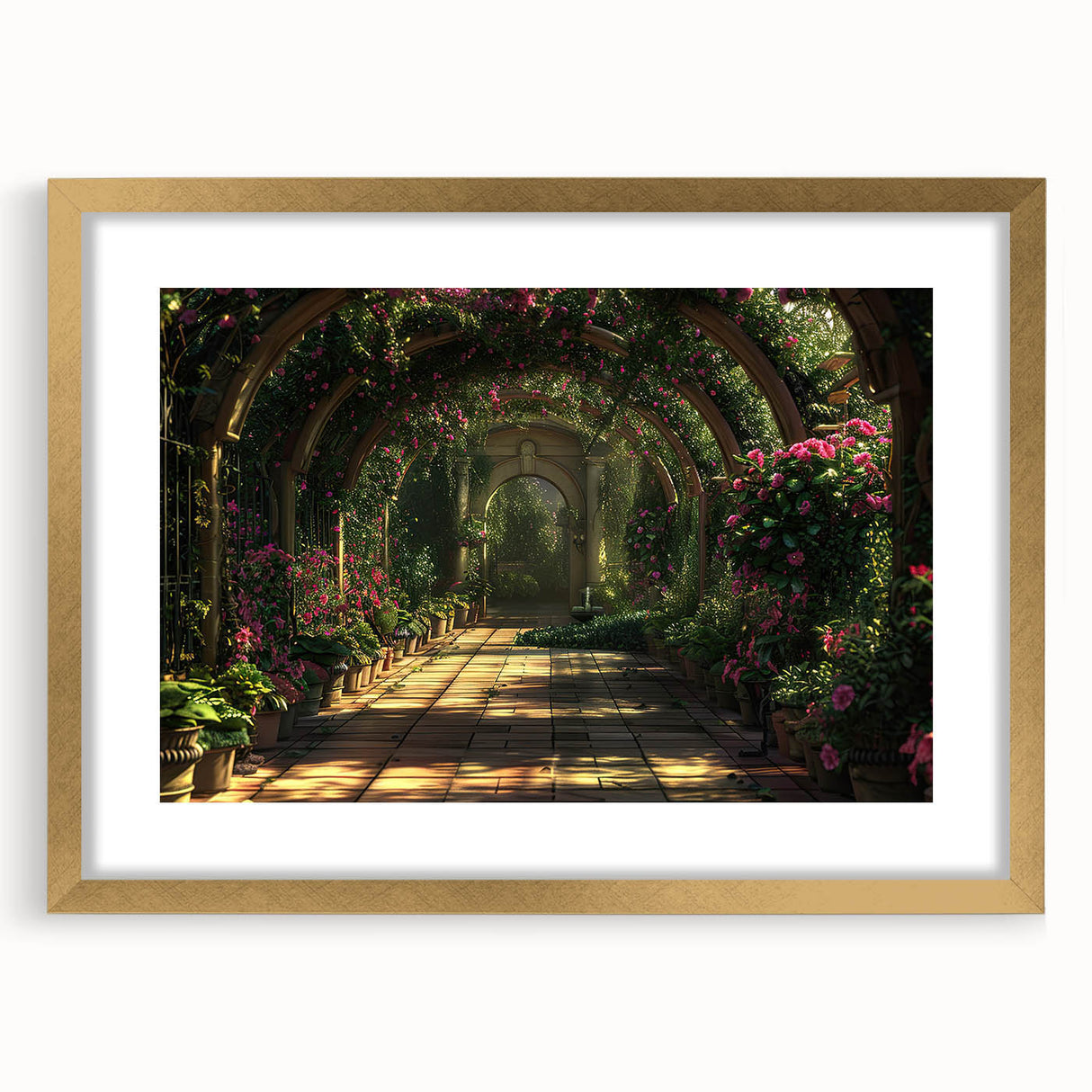 Textured art depicting abstract arches in muted earth tones, framed in gold, ideal for bedroom ambiance.