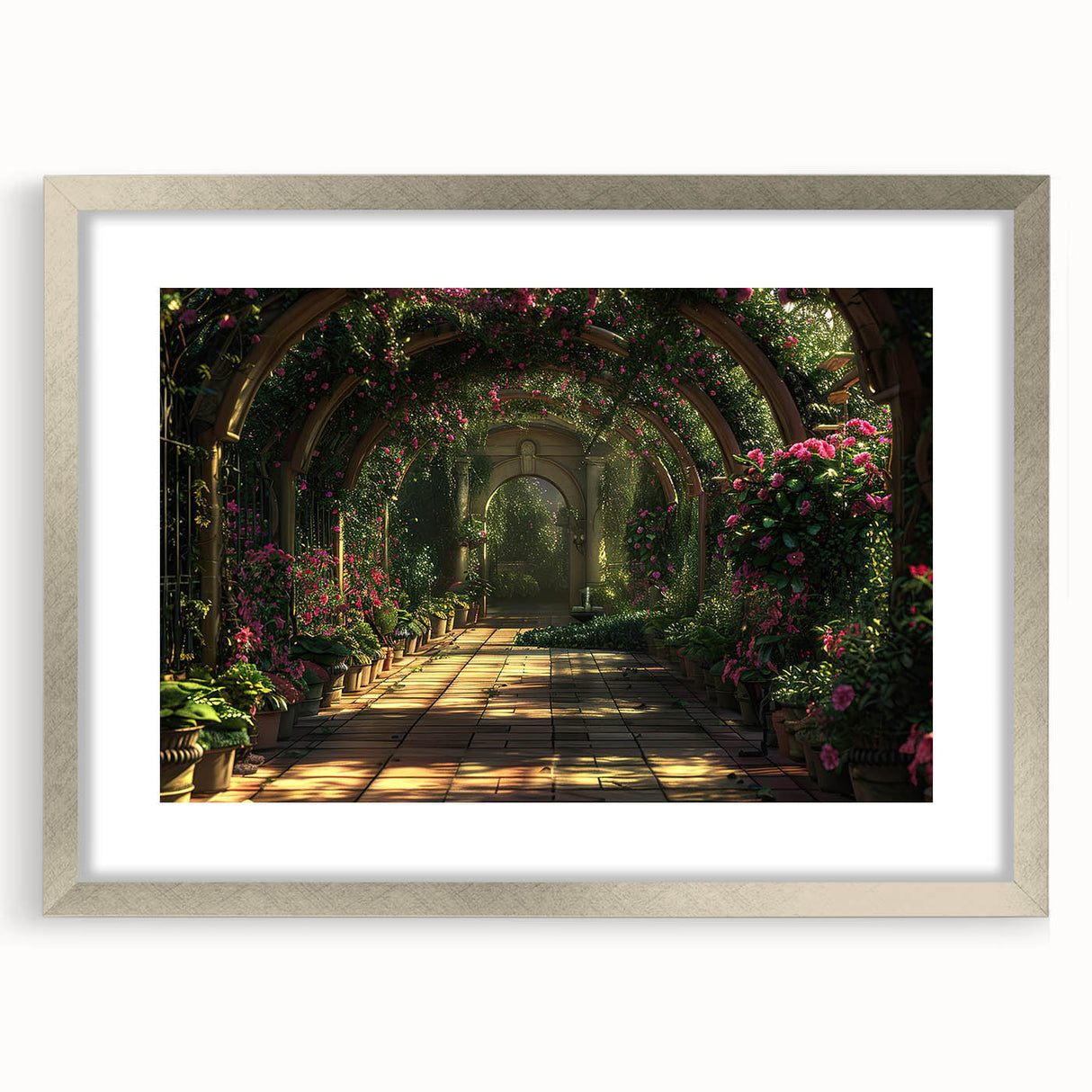 Abstract art print featuring arches in muted gray and silver tones on a framed poster, ideal for dining room decor.