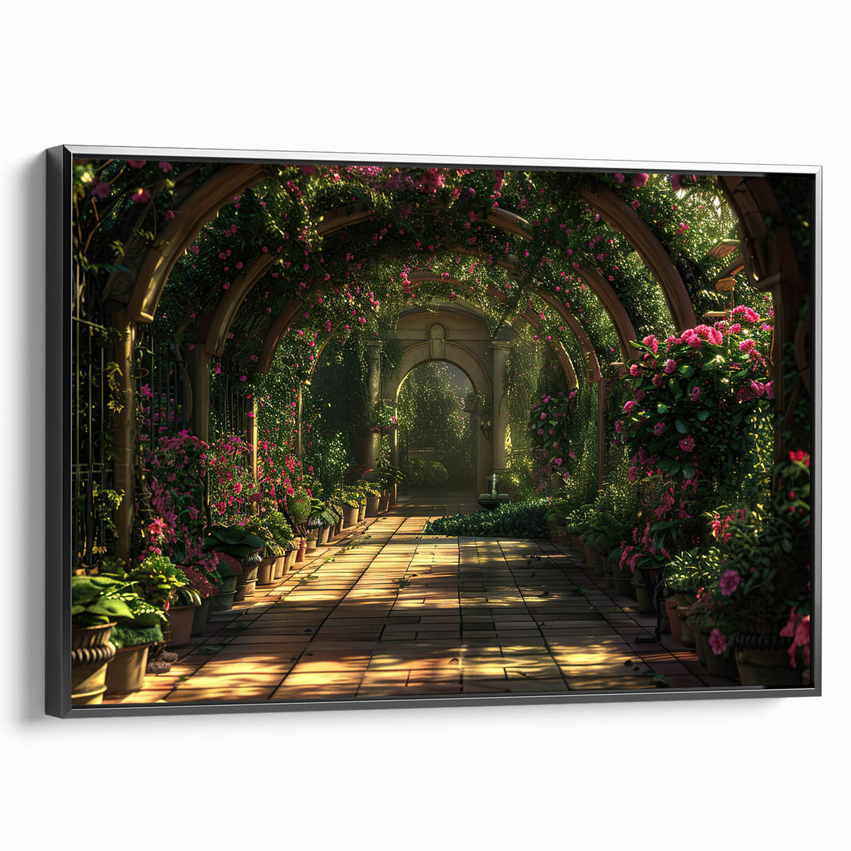 Black and white framed canvas featuring a vintage poster art style landscape with arches, ideal for bedroom wall decor.