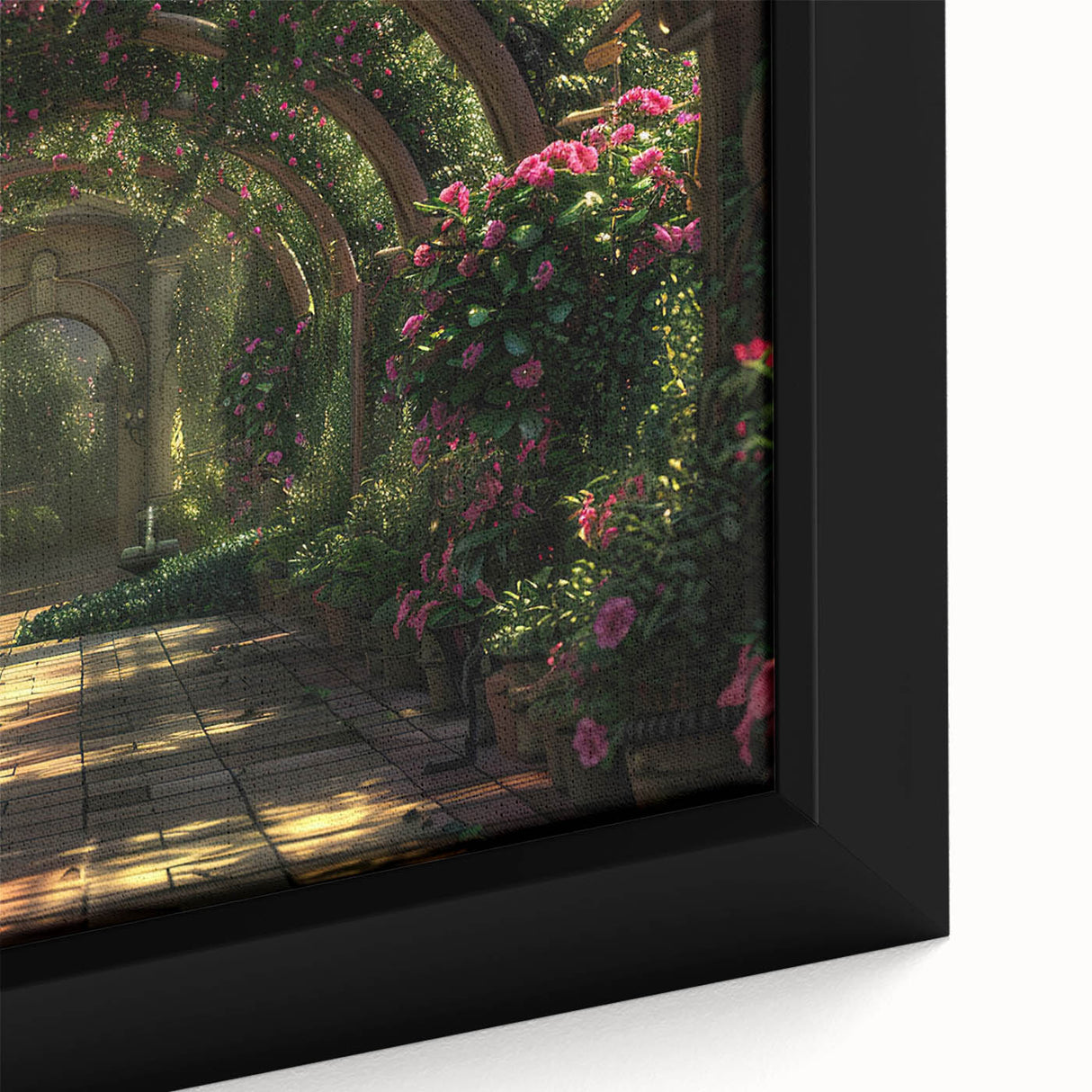 Close-up of a black wall art featuring colorful, textured arch designs on a framed canvas, ideal for living room decor.
