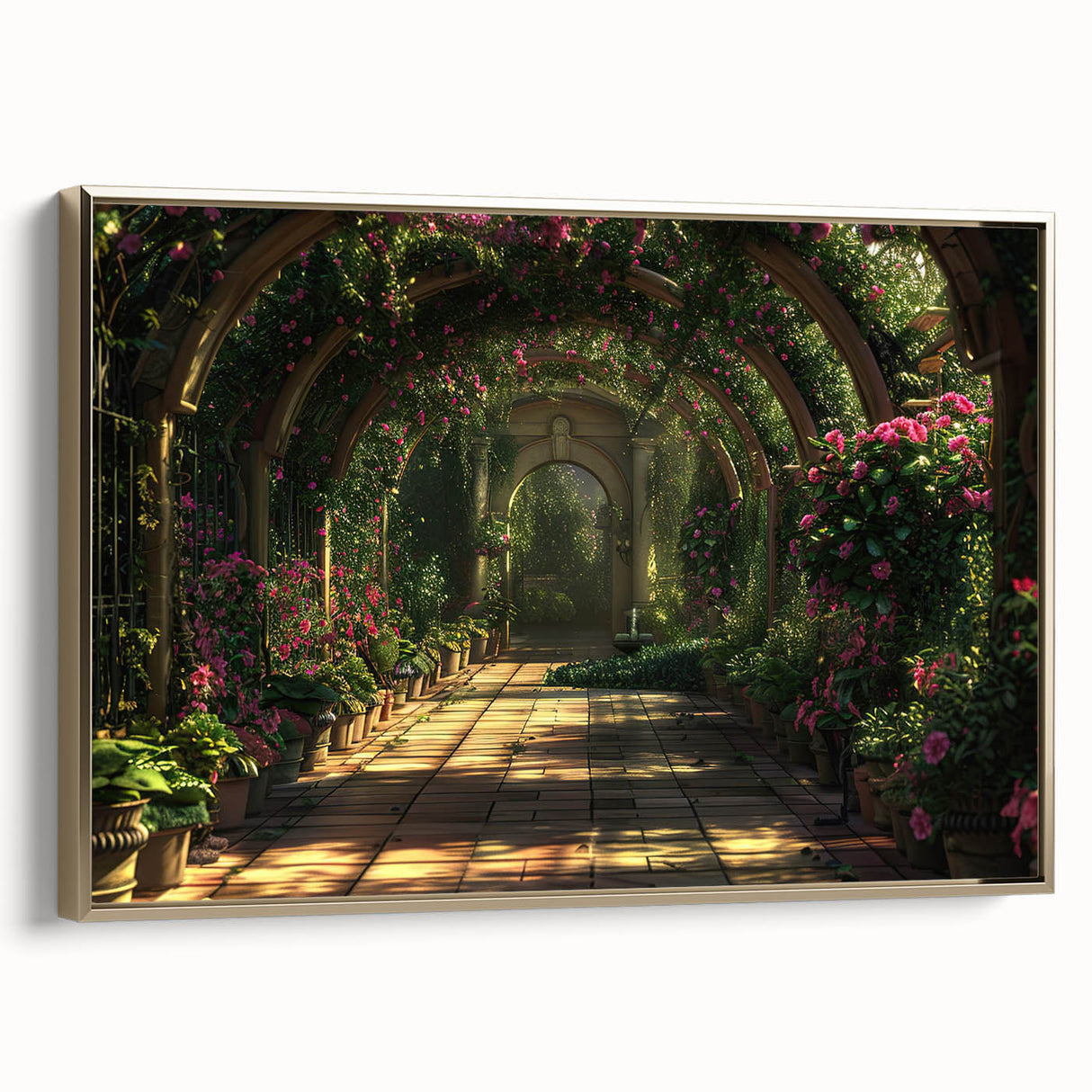 Vintage poster art featuring colorful arches in black, gold, and white on a framed canvas, ideal for living room decor.