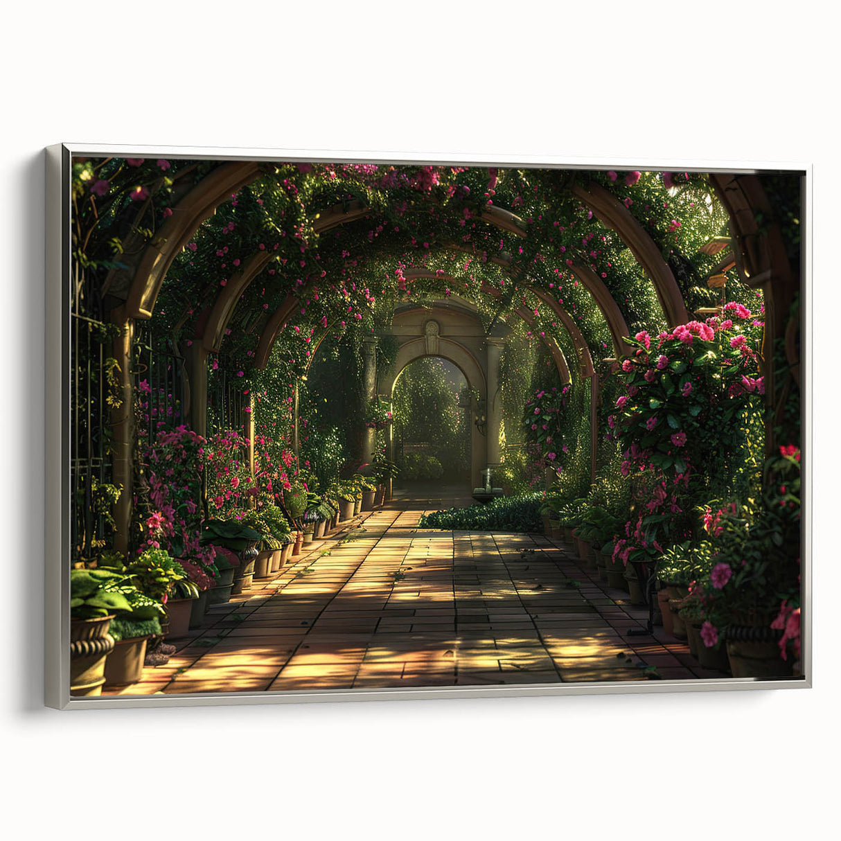 Silver-framed canvas featuring black and white vintage poster art of architectural arches, ideal for bedroom wall decor.