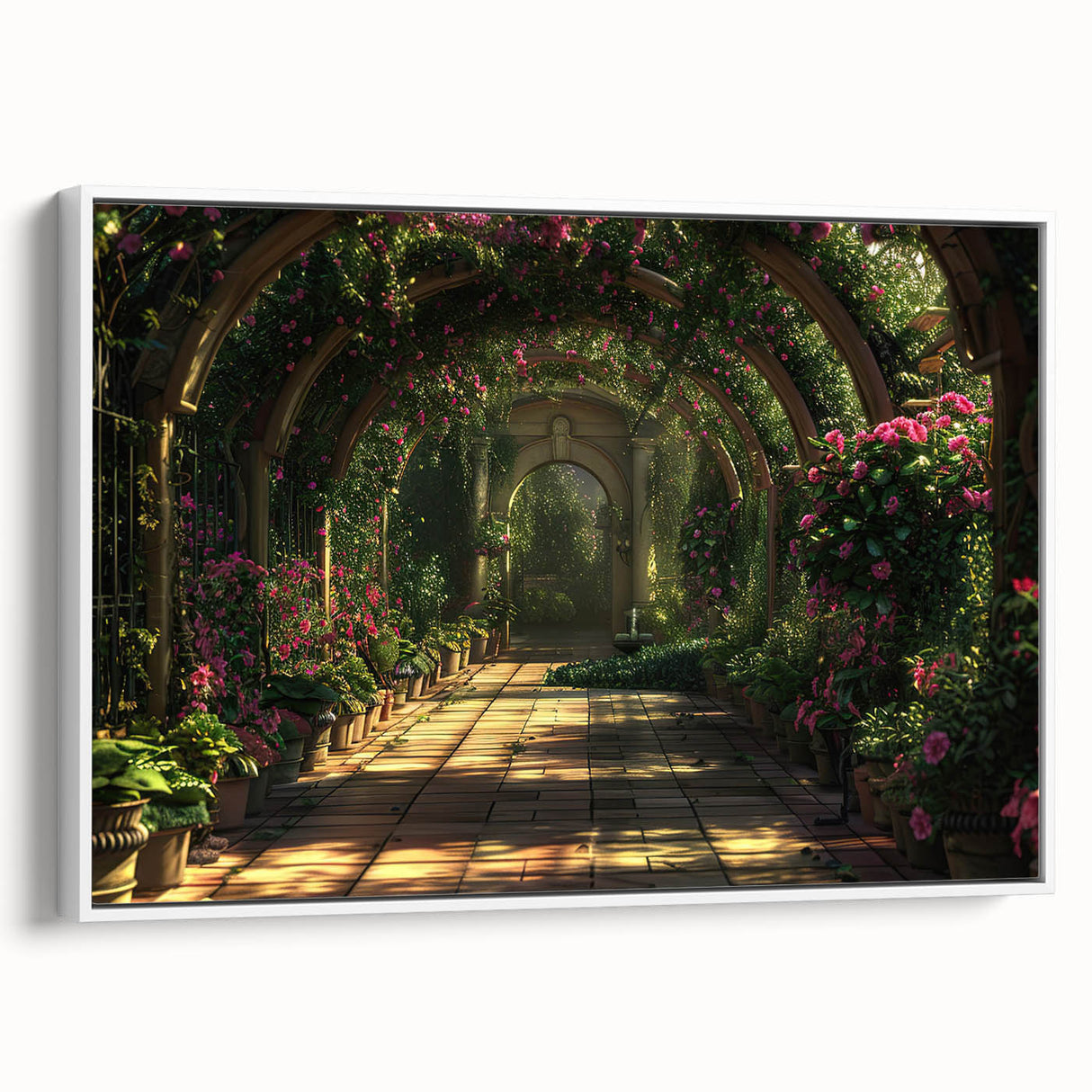 Framed canvas depicting a vintage black and colorful landscape art painting with architectural arches.