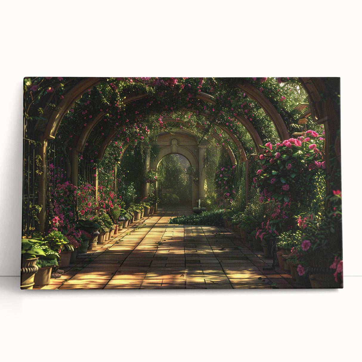 Black and white photo of arched architectural designs printed on a large stretched canvas.