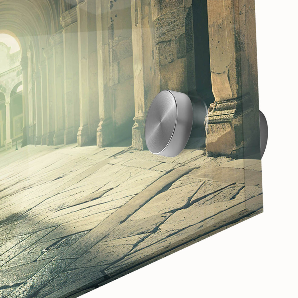 Mid-century modernist large abstract wall art on acrylic glass, featuring geometric arches in muted earth tones.