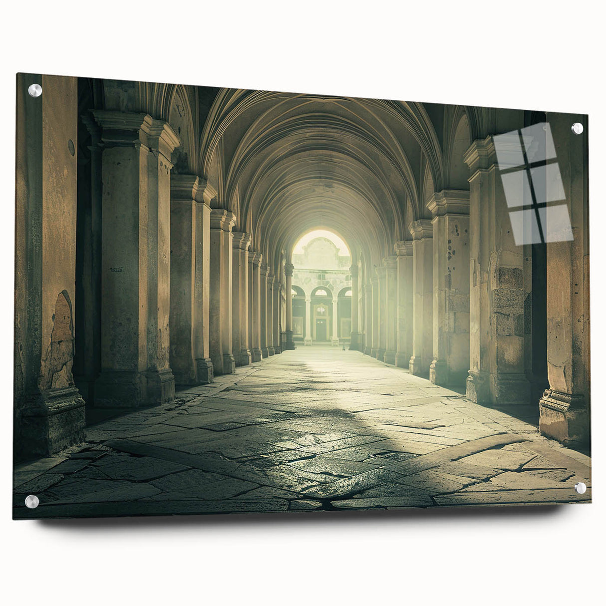 Large abstract wall art featuring curved architectural forms in muted gray tones on acrylic glass.