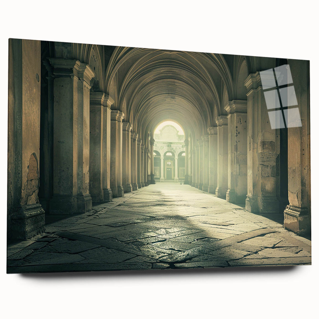 Large abstract wall art featuring overlapping arches in muted gray and blue tones on acrylic glass.