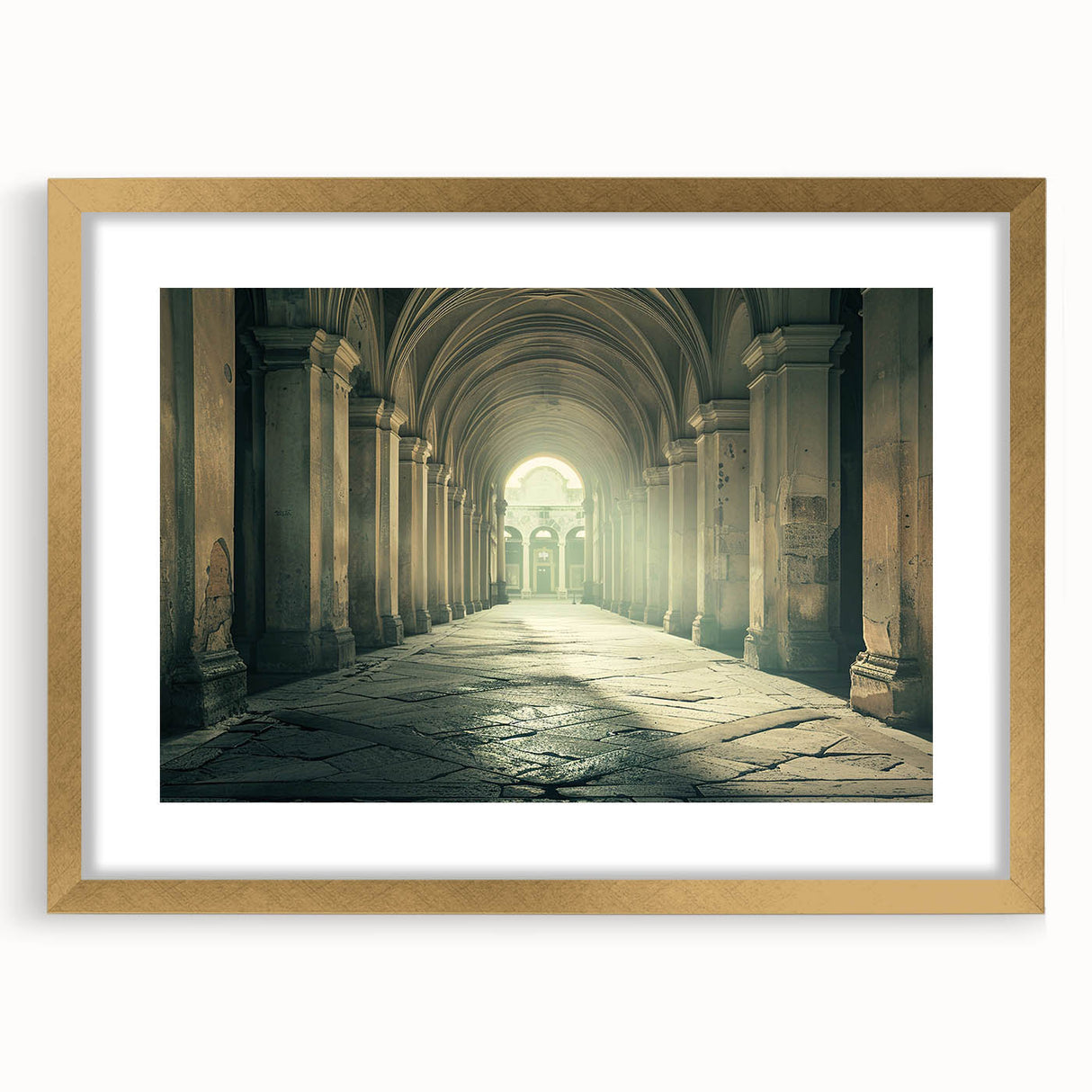 Abstract art prints depicting architectural arches in muted gold and white, framed with a mat in a gold frame.