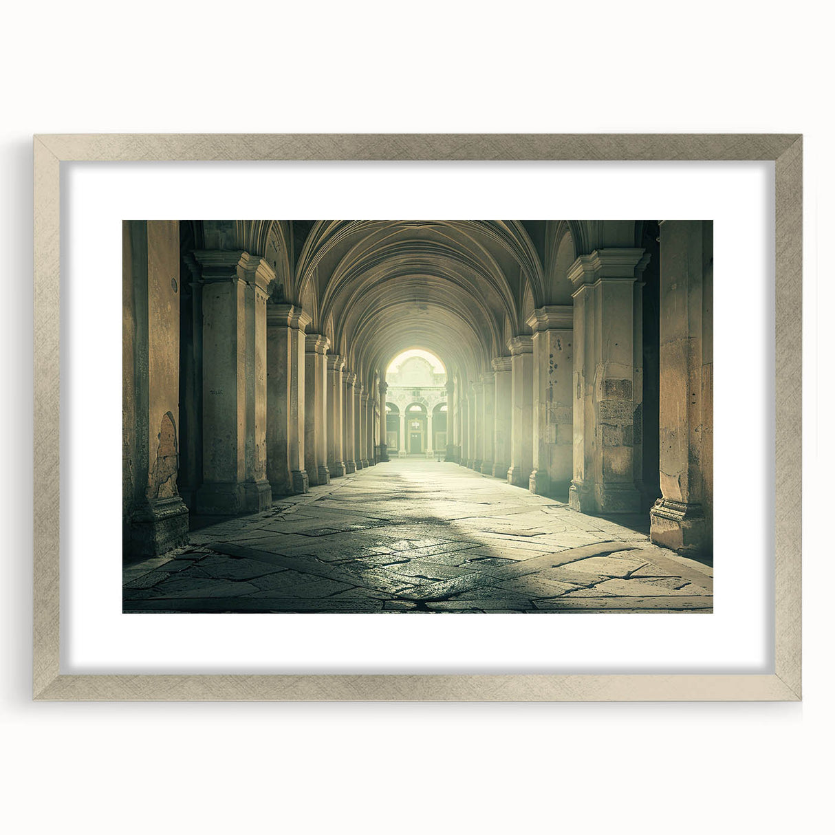 Textured abstract art print of architectural arches in muted gray, framed in silver, ideal for bedroom decor.
