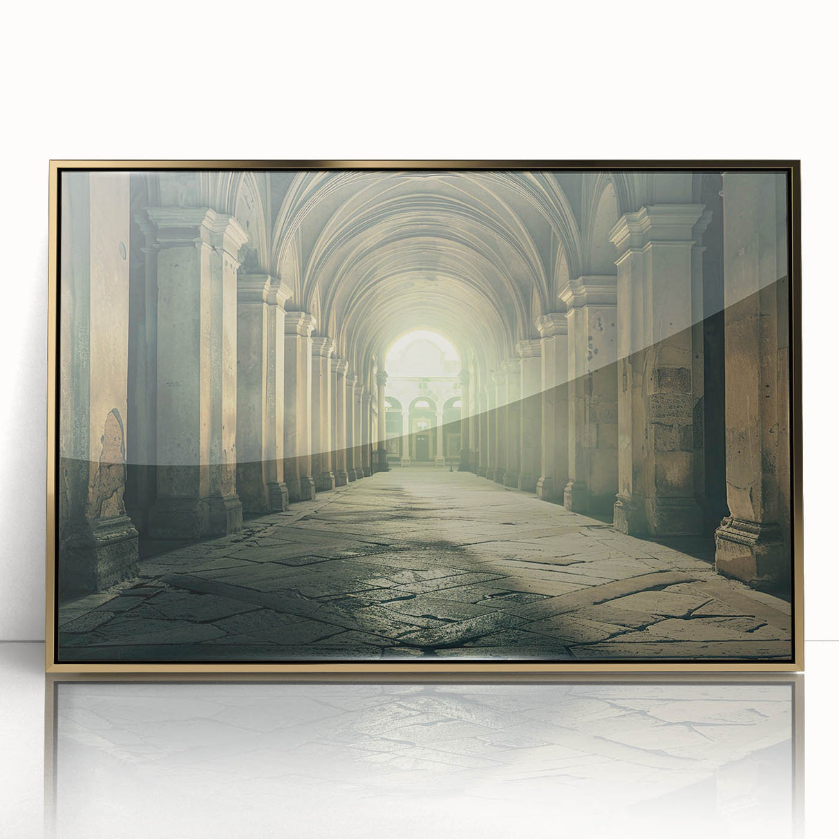 Large art print featuring mid-century modernist arches in gold tones on acrylic, ideal for modern art wall decor.