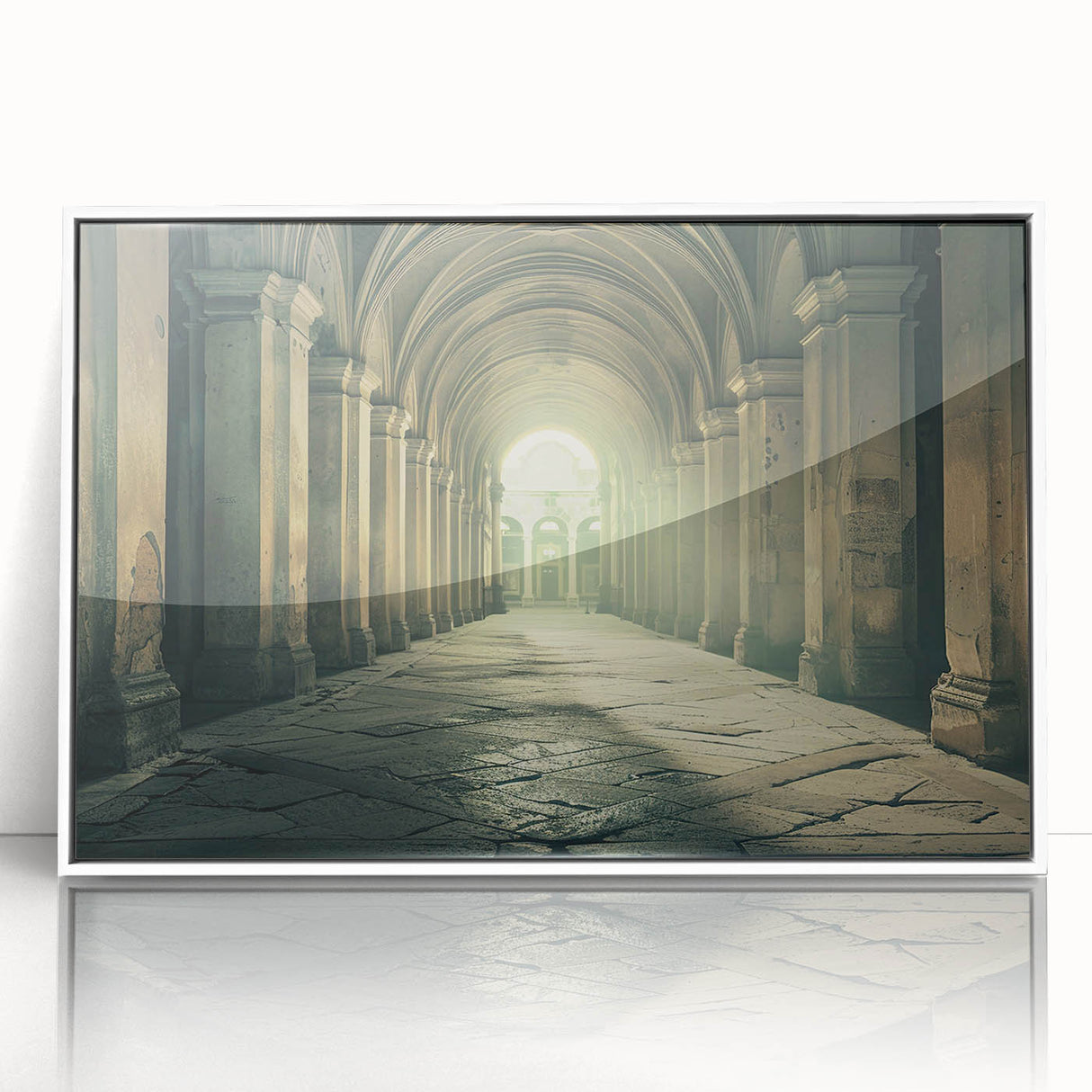 Mid-century modernist art depicting arches in muted beige and white tones on a framed acrylic.