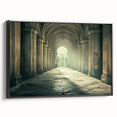 Black and white framed canvas featuring a vintage poster art style landscape with architectural arches.