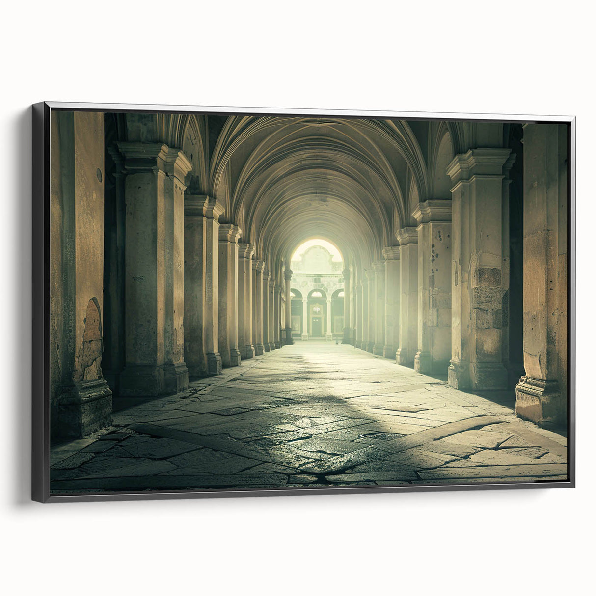 Black and white framed canvas featuring a vintage poster art style landscape with architectural arches.