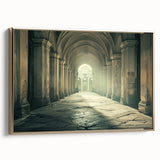 Vintage poster art of architectural arches in muted gold on a framed canvas, ideal for living room decor.