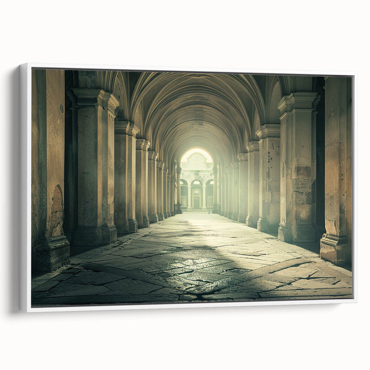 Framed canvas of a vintage-style landscape painting featuring colorful arches on a black background.