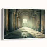 Framed canvas of a vintage-style landscape painting featuring colorful arches on a black background.