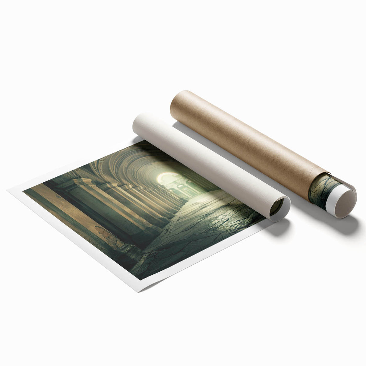 Rolled print of arches in architecture, soft beige and white tones, ideal for classy bathroom wall art.