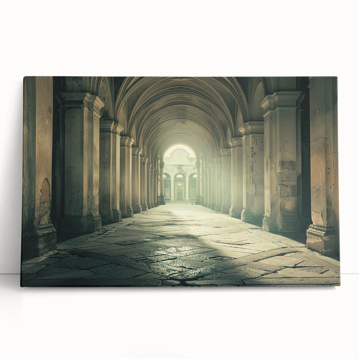 Black and white photograph of architectural arches printed on a large stretched canvas, suitable for kitchen wall art.