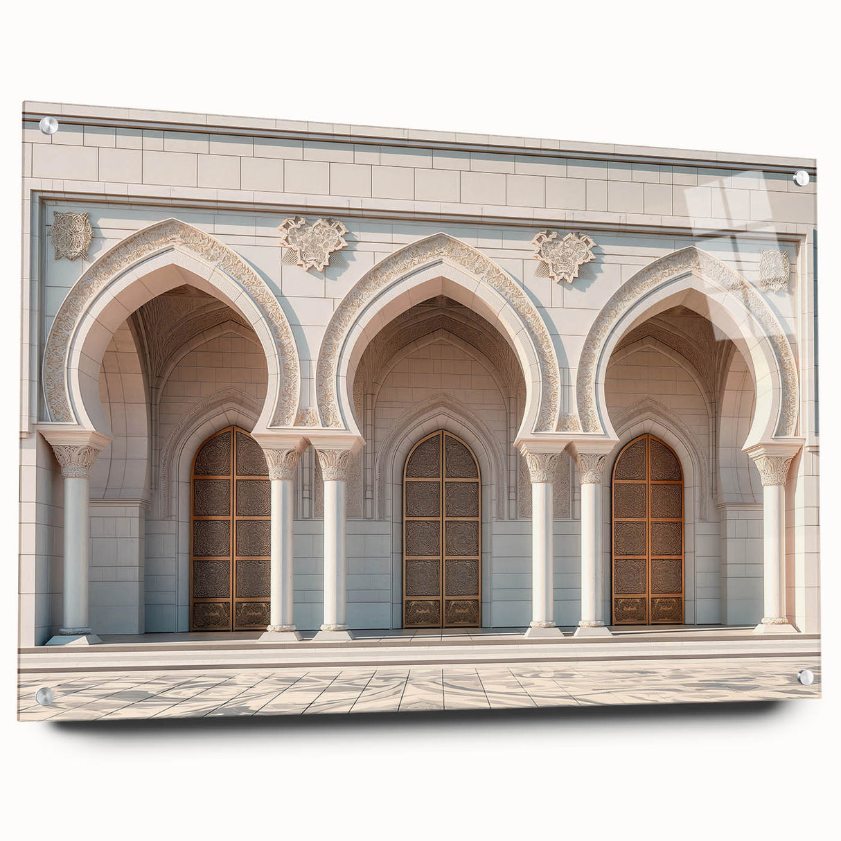 Acrylic print of large abstract wall art featuring geometric arches in neutral shades.