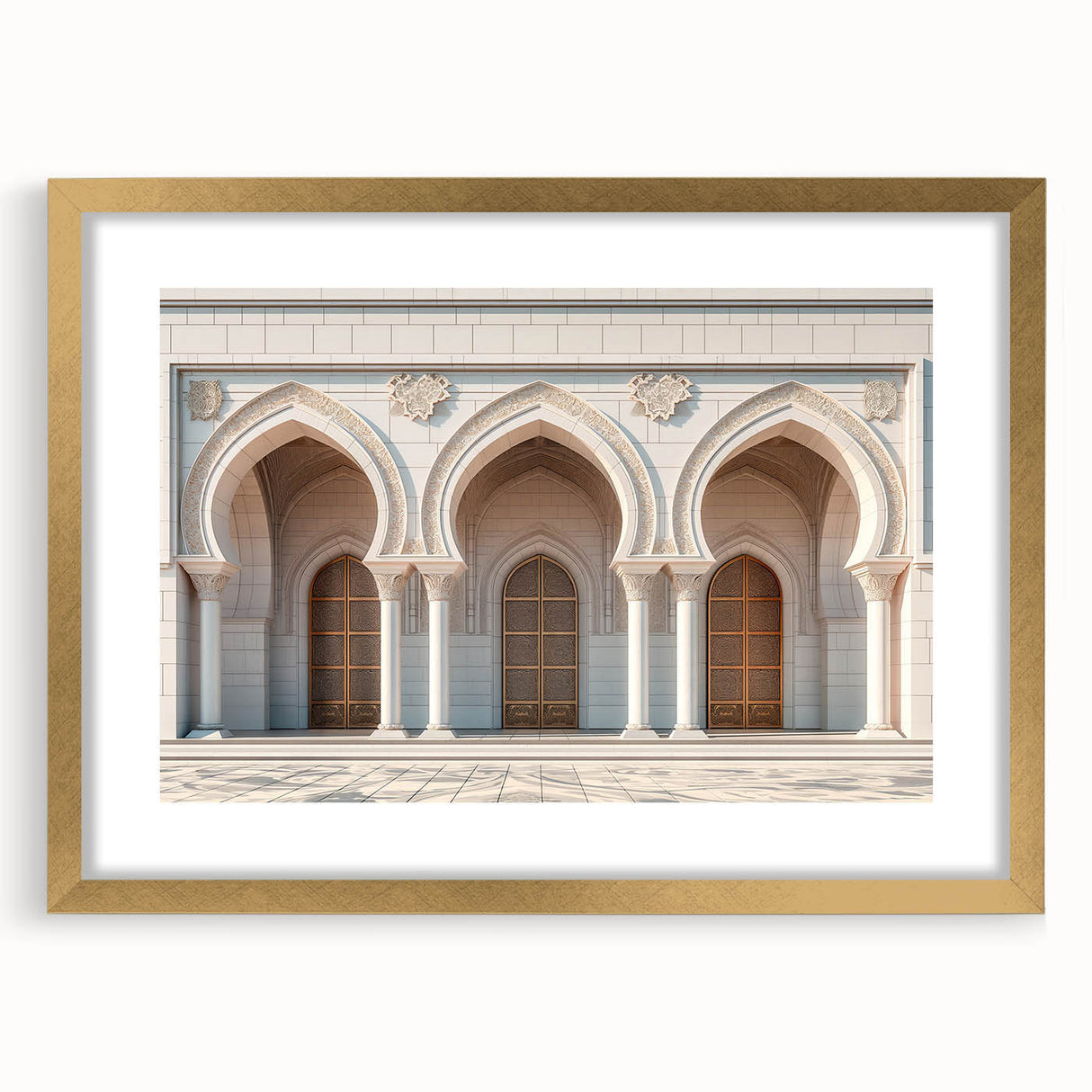 Abstract art print of interlocking arches in gold and white, framed with a gold mat.