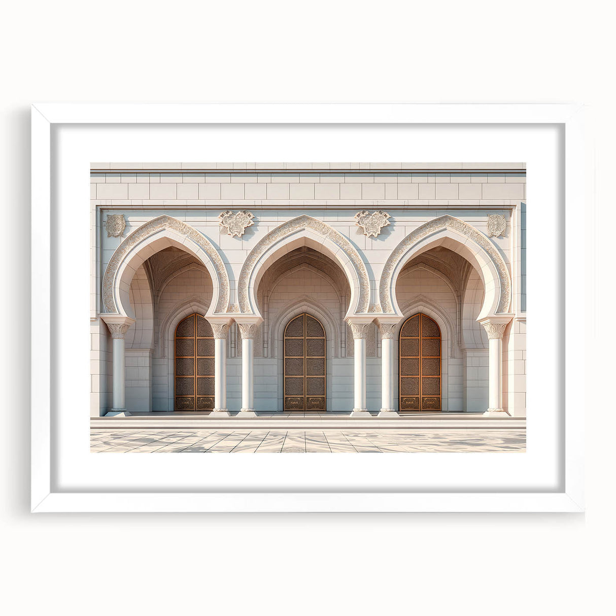 Abstract textured art print with arch designs in muted earth tones, framed with a white mat, suitable for bedroom decor.