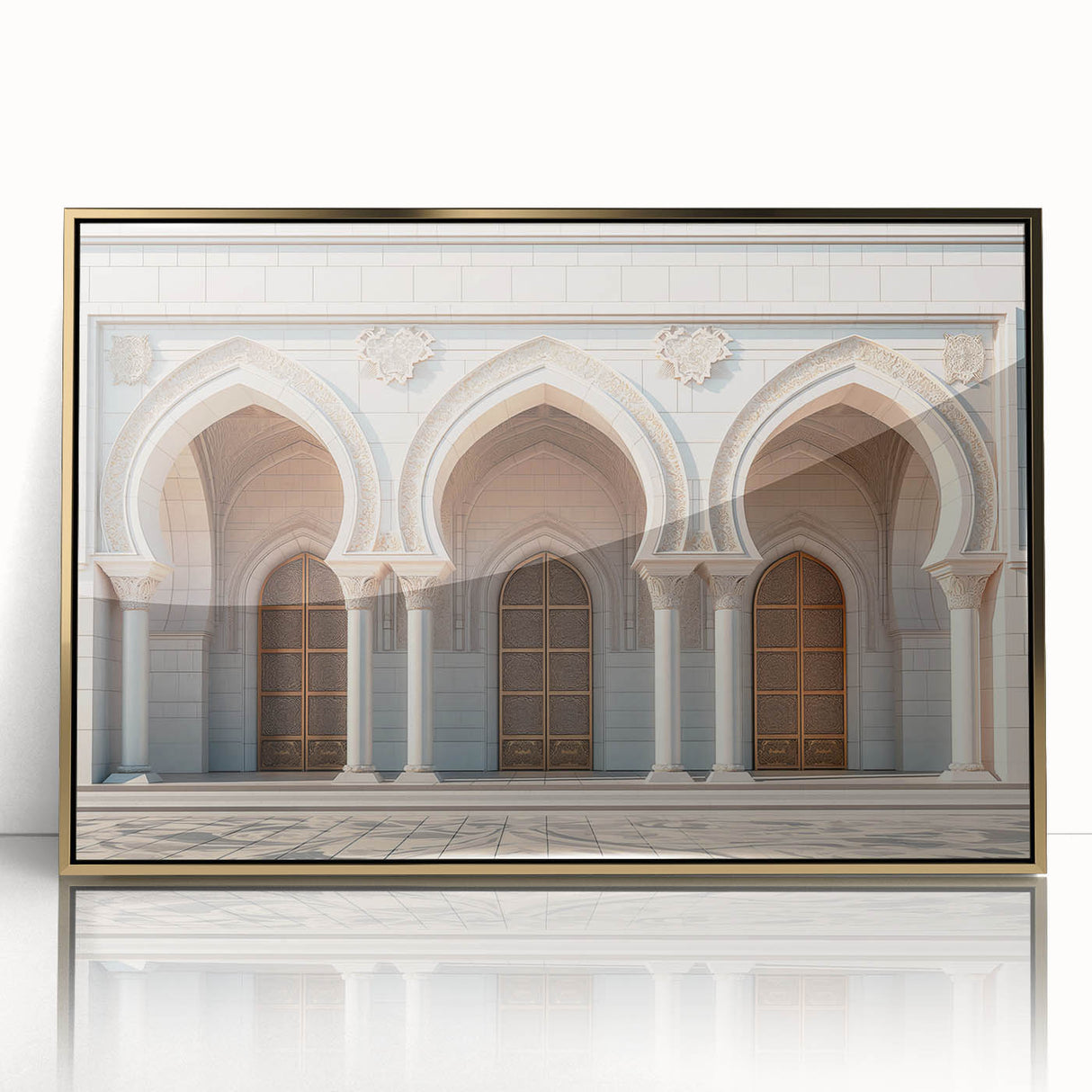 Mid-century modernist art featuring gold arches on a framed acrylic, with a blend of muted and vibrant tones.
