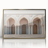 Mid-century modernist art featuring gold arches on a framed acrylic, with a blend of muted and vibrant tones.