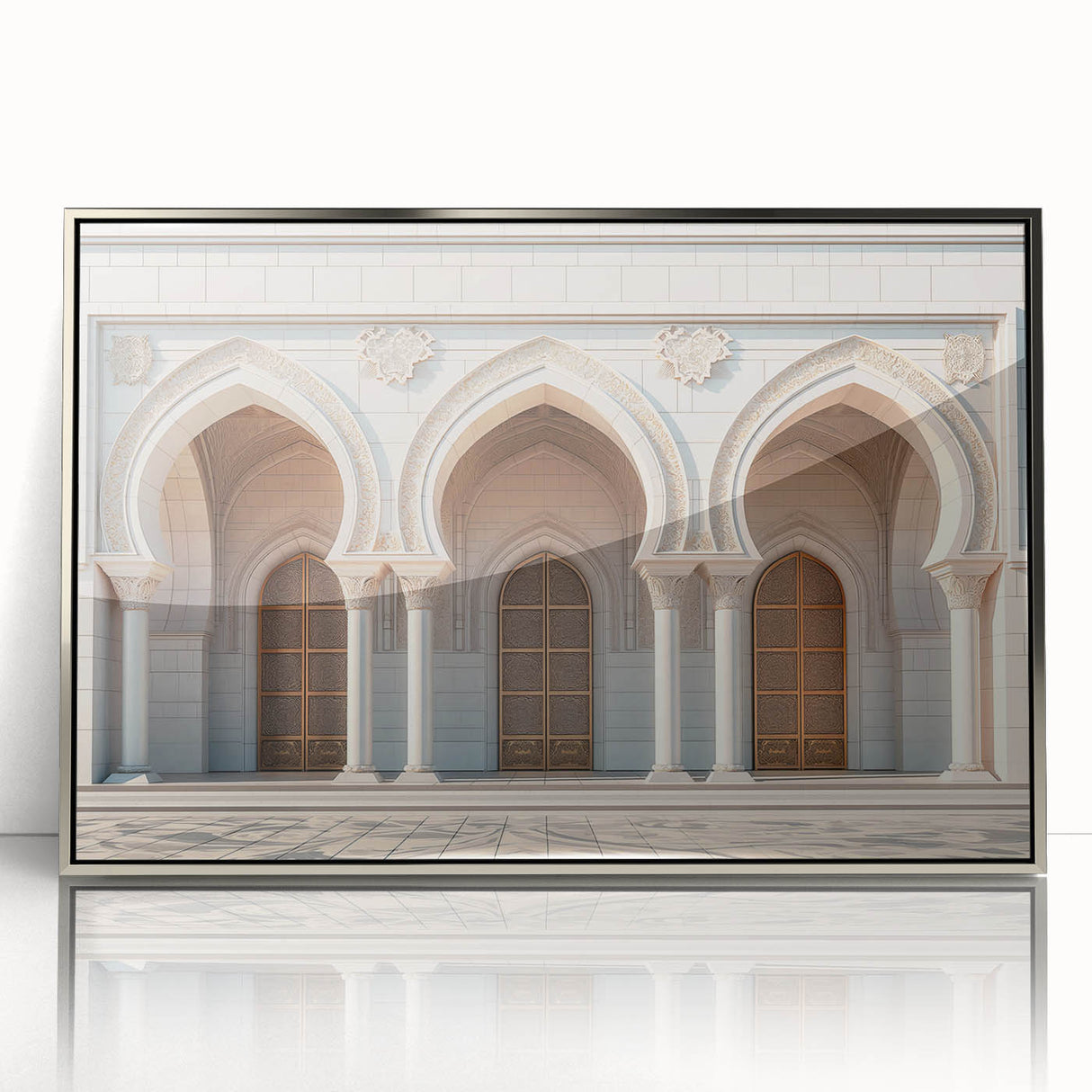 Art deco poster featuring silver arches and geometric designs on acrylic, ideal for modern nursery wall art.