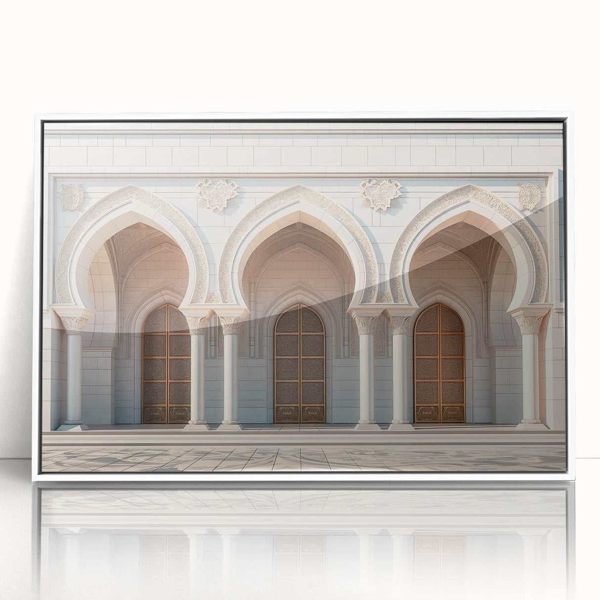 Mid-century modernist arch design in neutral tones, framed acrylic print, suitable for modern art wall decor.