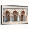 Black and white framed canvas of vintage-style arches in landscape format, ideal for bedroom wall decor.