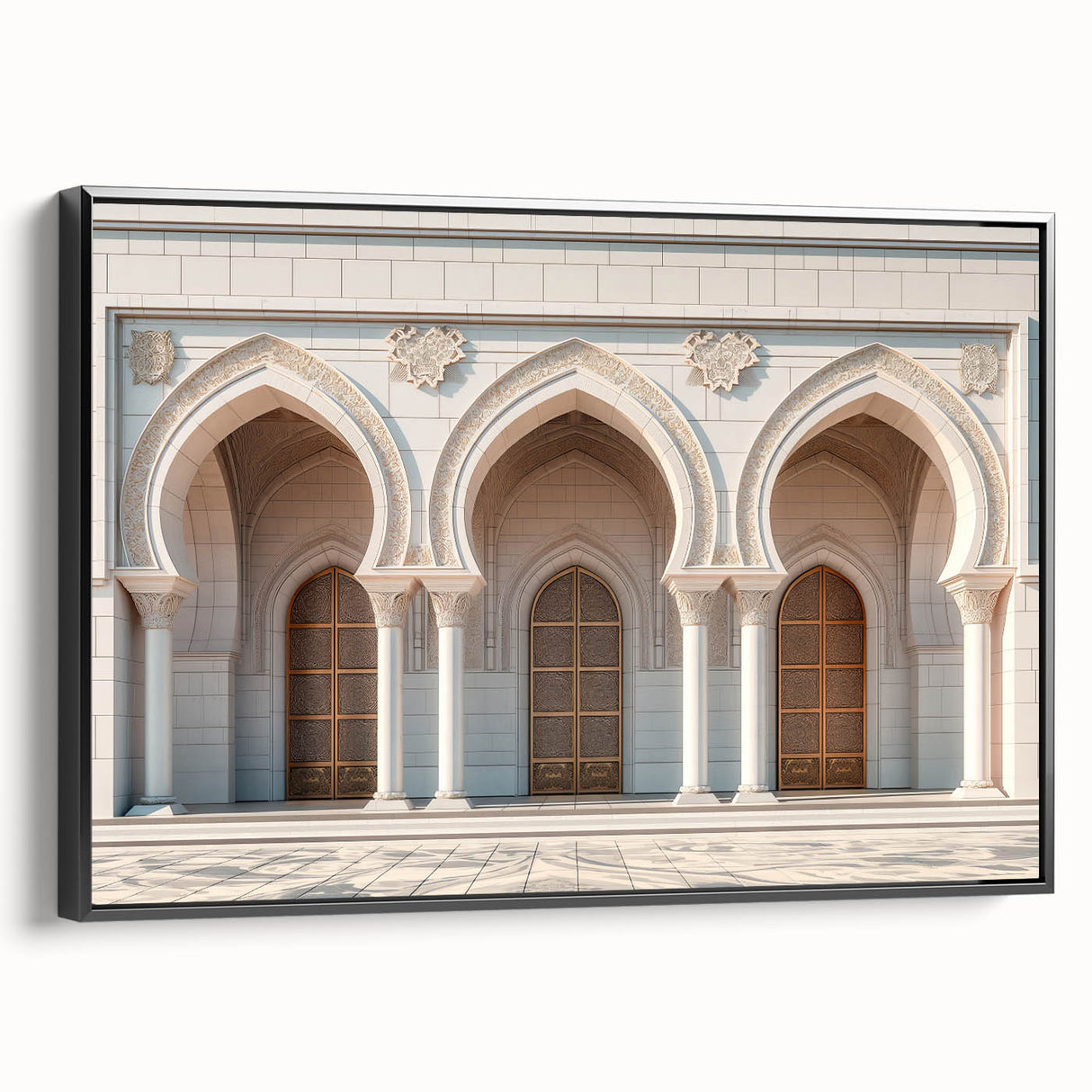 Black and white framed canvas of vintage-style arches in landscape format, ideal for bedroom wall decor.