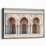 Black and white framed canvas of vintage-style arches in landscape format, ideal for bedroom wall decor.