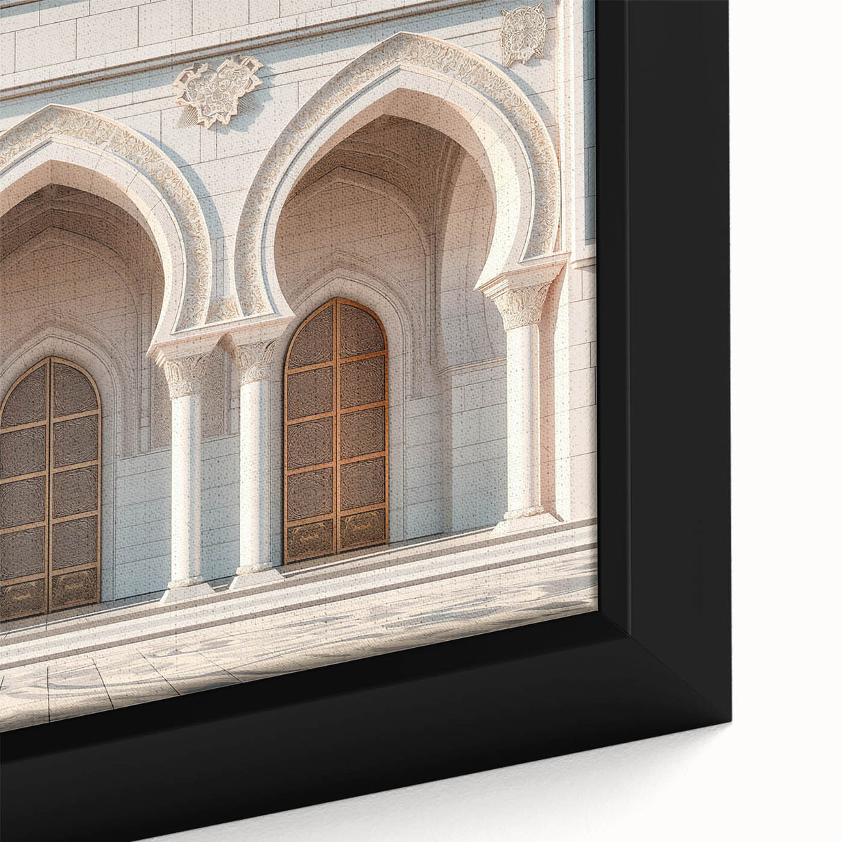 Close-up of a black wall art piece featuring colorful, textured arch designs on a large framed canvas.