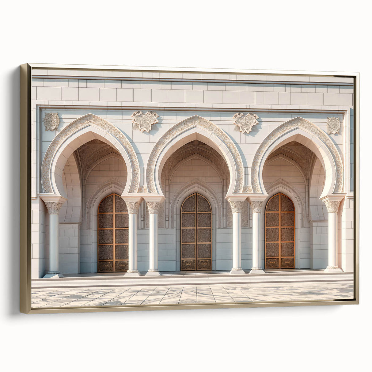 Vintage poster art featuring a series of arches in black and gold on a framed canvas.