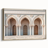 Vintage poster art featuring a series of arches in black and gold on a framed canvas.