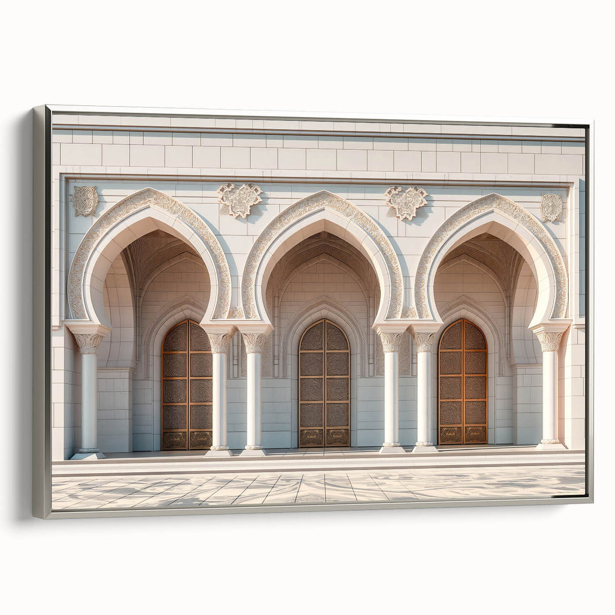 Framed canvas of a vintage landscape painting depicting arches in muted black and gray, ideal for bedroom wall art.