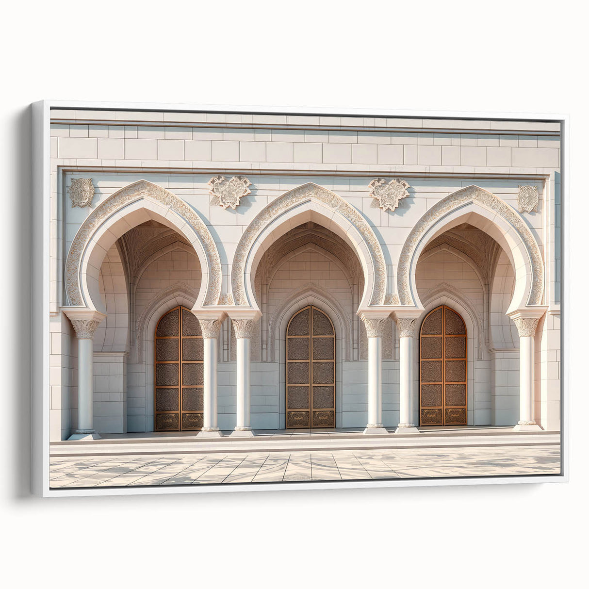 Framed canvas featuring a vintage poster art of colorful landscape paintings with black arches, ideal for living room decor.