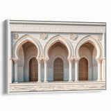 Framed canvas featuring a vintage poster art of colorful landscape paintings with black arches, ideal for living room decor.