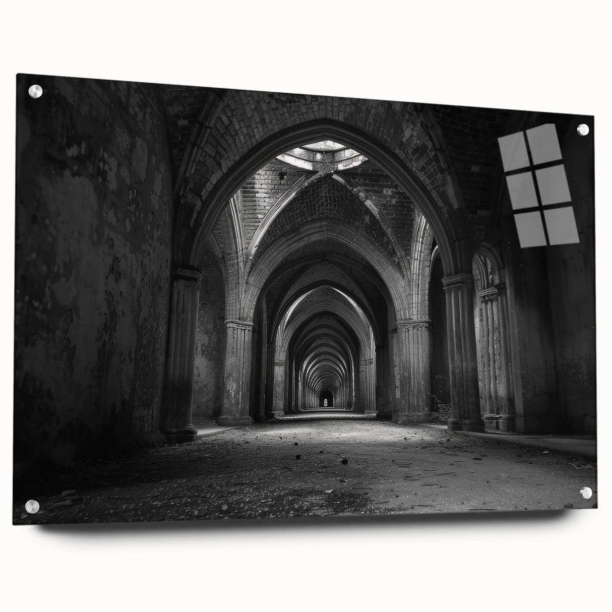 Large abstract wall art depicting architectural arches in neutral tones on acrylic glass.