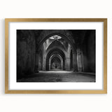 Abstract art print featuring geometric arches in gold and white tones on a framed canvas, suitable for dining room decor.