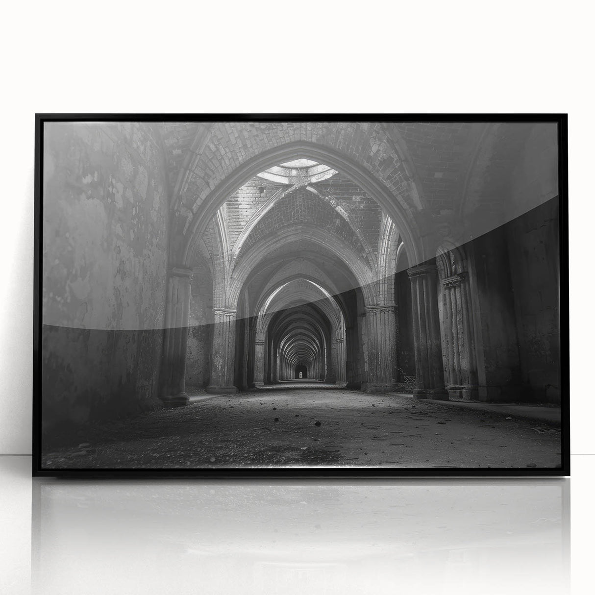 Large abstract wall art featuring mid-century modernist arch designs in black and white, acrylic print framed in black.
